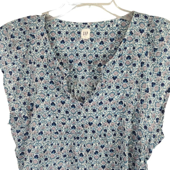 Gap Blue Floral Babydoll Top Flutter Sleeve Women Size S Rayon Cotton - Picture 2 of 6